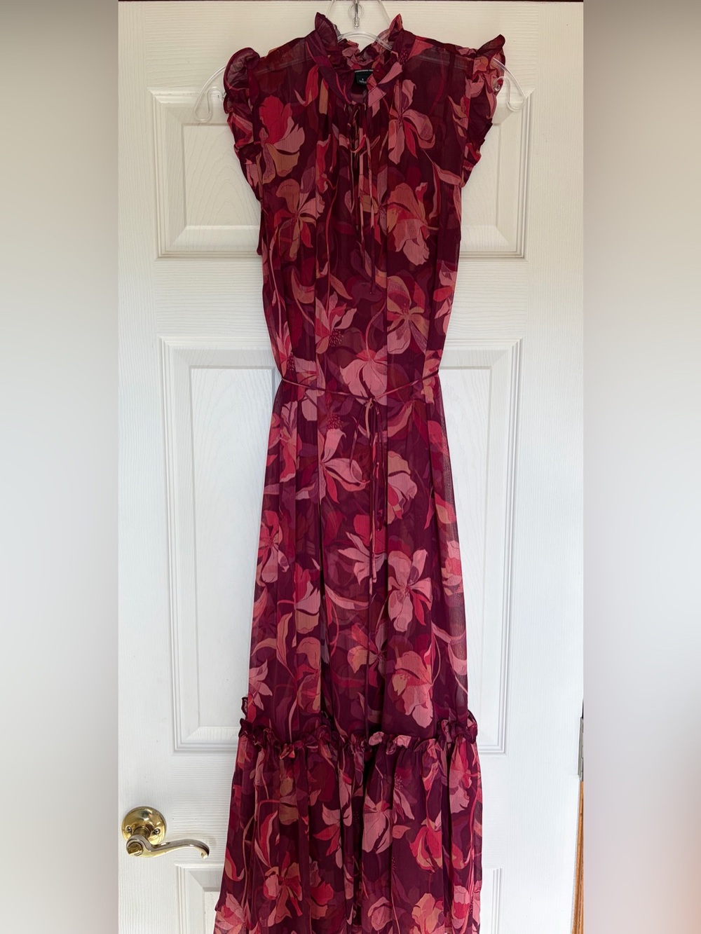 I.N.C. Women’s Burgundy Floral Maxi Dress with Ruffle Details-Small